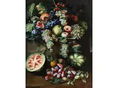 Grosses Früchtestillleben mit Kürbis und Melone by Michelangelo Cerquozzi, oil on canvas, offered Sep 2025