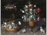 Blumenstillleben mit Pudel und Einem Äffchen by Ferdinand van Kessel, 1648 Antwerpen – um 1696 Breda, oil on copper, sold Jun 2025