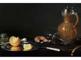 Stillleben mit Geöffneter Orange, Steinzeugkanne und Liegendem Glas by Clara Peeters, oil on panel, sold Mar 2025