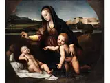 Maria mit dem Kind und dem Johannesknaben by Andrea Piccinelli il Brescianino, oil on canvas, offered Dec 2023