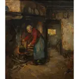 Woman Cooking by Baruch Laguna, oil on canvas, sold Apr 2024
