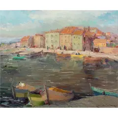 Boat Scene by Nell Walker Warner, oil on canvas, sold Apr 2024