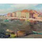 Boat Scene by Nell Walker Warner, oil on canvas, sold Apr 2024