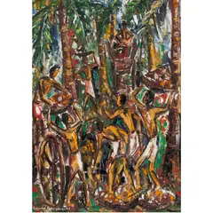 Coconut Workers by Senaka Senanayake, 1962, oil on canvas board, sold Apr 2024