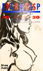 Untitled by Peter Mars, Ink on Found Advertisement 14"x8" Sheet. Loose, sold Sep 2025