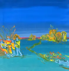 Family Group in a Landscape by Walter Battiss, oil on canvas, sold Aug 2026