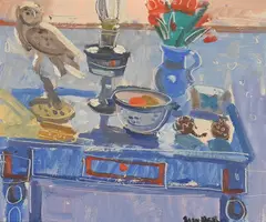 Blue Still Life by Glen Scouller, oil on board, sold Aug 2026
