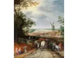 Plankarren und Fuhrwerke in Landschaft mit Windmühle by Peeter Gysels, oil, offered Mar 2026