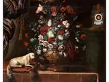 Stillleben mit Prachtvoller Blumenvase, Tischuhr und Hündchen by Bartolomeo Ligozzi, oil on canvas, offered Sep 2024