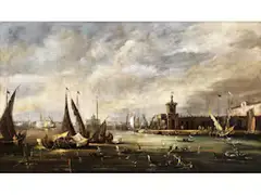 Venedigvedute mit der Punta Della Dogana und dem Canale Della Giudecca by Francesco Guardi, oil on canvas, sold Mar 2023
