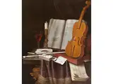 Vanitas-stillleben mit Violine, Büchern, Karten und Kerze by Edwaert Collier, oil on canvas, sold Jun 2023