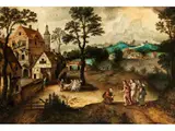 Landschaft mit Abraham und den Drei Engeln by Lucas Gassel, oil on panel, sold Mar 2022