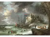 Ä., 1624 – 1677/80 Küstenlandschaft im Winter mit Burgfelsen und Schlittenfahrenden Figuren by Jan Peeters d. Ä., oil on canvas, offered Dec 2021