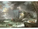 Ä., 1624 – 1678 Küstenlandschaft im Winter mit Burgfelsen und von Rentieren Gezogenen Schlitten by Jan Peeters d. Ä., oil on canvas, sold Jun 2022