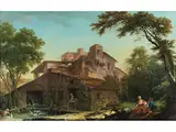 Wassermühle mit Einem Taubenschlag und ein Liebespaar by Jacques Nicolas Julliard, oil on canvas, offered Jun 2024