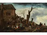 Ländliches Fest vor Einem Gebäude mit Strohdach by Philips Wouwerman, oil on panel, sold Jul 2018
