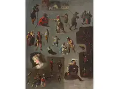 Skizzentafel mit Charakterstudien und Schuhen by Pieter Bout, oil on panel, offered Dec 2019