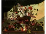 Blumenbouquet Sowie Darunterliegendem Obst by Pierre Nicolas Huilliot, oil on canvas, offered Jun 2019
