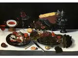Stillleben mit Früchten, Einem Steinzeugkrug, Gläsern und Einem Halben Käselaib by Hans Georg Meyer, oil on canvas, sold Sep 2017