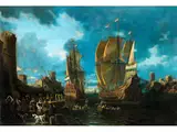 Grosse Hafenszene mit Segelschiffen by Cornelis de Wael, oil on canvas, sold Mar 2024