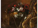 Stillleben mit Blumenvase, Tischuhr und Glänzendem Damast by Pierre Nicolas Huilliot, oil on canvas, offered Sep 2019