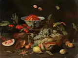 Stillleben mit Früchten, Eichhörnchen und Papagei by Jan van Kessel d. J., oil on copper, sold Sep 2020