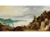 Weite Flusslandschaft mit Figuren by d. J. Joos de Momper, oil on panel, sold Sep 2024