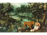 Waldlandschaft mit dem Heiligen Hieronymus by Herri met de Bles, oil on copper, sold Dec 2025