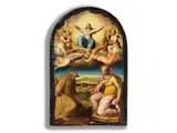 Madonna Assunta Über Einer Landschaft mit den Heiligen Franziskus und Katharina by Lavinia Fontana, oil on copper, sold Sep 2025