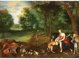 Ä. (1575 – 1632) Diana mit Ihren Hunden Nach der Jagd by Jan Brueghel d. J. und, oil on copper, sold Jun 2024