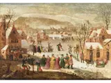 Belebte Winterliche Dorflandschaft by Abel Grimmer, oil on panel, sold Jun 2023