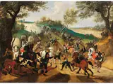 Überfall mit Reitergefecht by Peter Snyers, oil on panel, sold Jun 2023