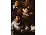 Konzert in der Taverne by Bartolomeo Manfredi, oil on canvas, sold Sep 2023