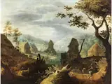 Hügelige Fantasielandschaft mit Turmförmigen Holzgebäuden und Staffage by Anton Mirou, oil on panel, sold Mar 2026