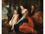 Die Heilige Familie mit Einem Papagei by Balthasar Beschey, oil on panel, sold Sep 2024