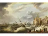 Handelsschiffe in Seenot vor Felsiger Küste by Isaac Willaerts, oil, offered Sep 2024