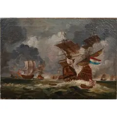 Ship Battle by Egide Linnig, oil on canvas, sold Apr 2024