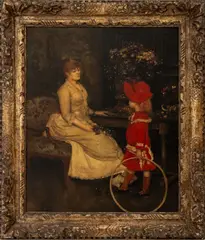 Mother and Child in Red Dress with Hoop by Maurice Bompard, Oil on Canvas, sold Aug 2025