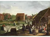 Frauen Eines Dorfes Verteilen Wäsche zur Trocknung und Bleiche auf dem Grasboden by Jan Jozef Horemans d. J., oil on canvas, sold Dec 2024