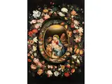 Prächtiger Blumenkranz mit der Heiligen Familie mit Johannes und Elisabeth, Sowie Insekten, Früchten und Garnelen by Andries Daniels, oil on panel, offered Mar 2024