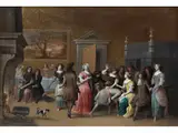 Elegante Gesellschaft in Einem Interieur, die „la Main Chaude“ Spielt by Hieronymus Janssens, oil on canvas, sold Jun 2023