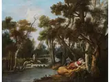 Flusslandschaft mit Schlafender Frau und Schafherde by Giovanni Battista Cimaroli, oil on canvas, sold Dec 2023