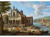 Reges Treiben vor Einer Kirche an Einem Fluss by Adriaen Frans Boudewijns d. Ä., oil, sold Mar 2025