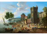 Markttreiben am Meeresufer vor Schlossanlage mit Turm by Adriaen Frans Boudewijns d. Ä., oil, sold Mar 2025