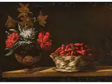 Blumenvase und Korb mit Erdbeeren auf Einer Tischplatte by Josefa de Óbidos, oil on canvas, offered Dec 2019
