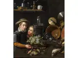 Küchenstillleben mit Kindern und Früchten by Floris Gerritsz van Schooten, oil on canvas, sold Mar 2025