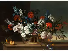 Prachtvolles Blumenstillleben mit Geflochtenem Korb und Pfirsichen vor Landschaftshintergrund by Pieter Casteels III, oil on canvas, offered Sep 2021