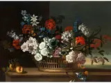 Prachtvolles Blumenstillleben mit Geflochtenem Korb und Pfirsichen vor Landschaftshintergrund by Pieter Casteels III, oil on canvas, offered Sep 2021