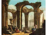 Ruinencapriccio mit Figurenstaffage by Giovanni Paolo Panini, oil on canvas, sold Mar 2024