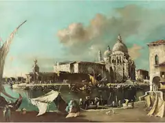 Venedigvedute mit Ansicht der Punta Della Dogana und der Basilika Santa Maria Della Salute by Francesco Guardi, oil on canvas, sold Jun 2026